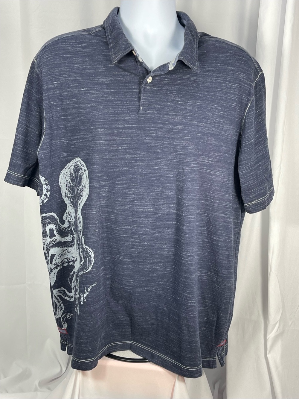 Tommy Bahama Heather  Blue/Navy Polo w/ fun White Octopus Graphic. Coastal fun
